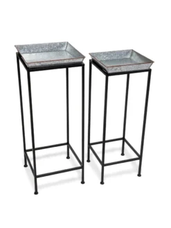 Square Nesting Plant Stands With Galvanized Trays, Set Of 2